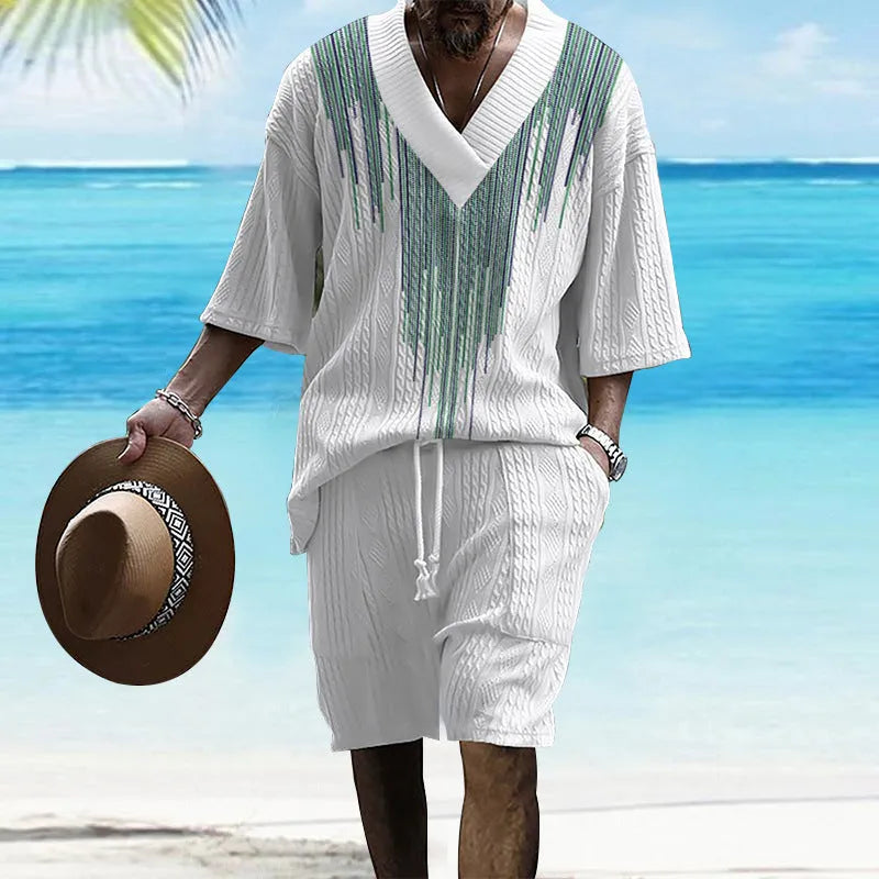 Men's printed drop-shoulder knitted short sleeve top and shorts suit set in chemical fibre blend