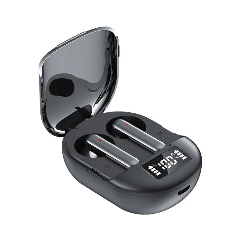 Black and white wireless Bluetooth in-ear headset with charging case showing digital display