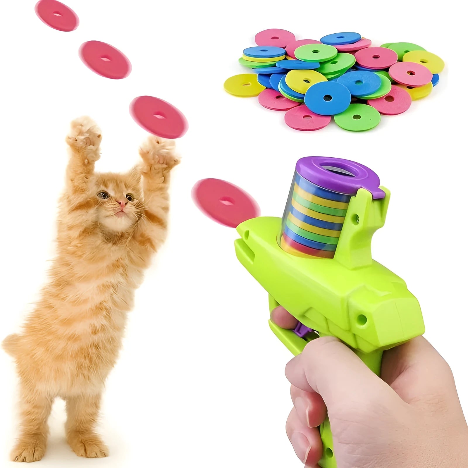 Green interactive battery-free cat toy launcher with foam disc on a floor.