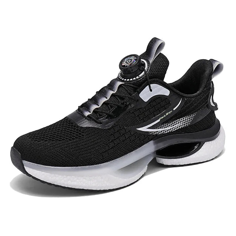 Korean style low-top sports shoes with rotating button buckle on Fly-kit mesh upper