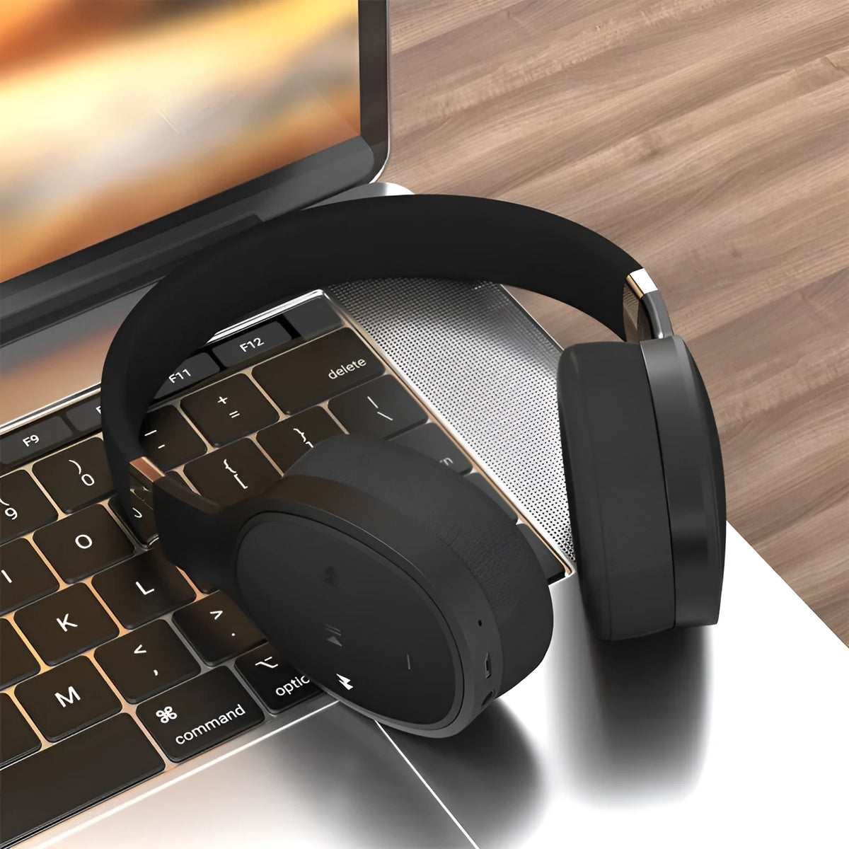 Folding wireless Bluetooth sports headset in black with 40mm speakers and collapsible design