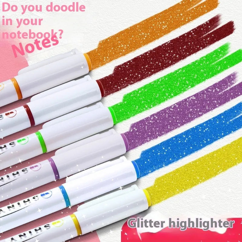 Four glitter fluorescent highlighter pens with slanted tips shown in a set.