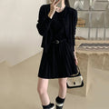 Women's grey knitted vest skirt and cardigan two-piece set with pleated art retro style