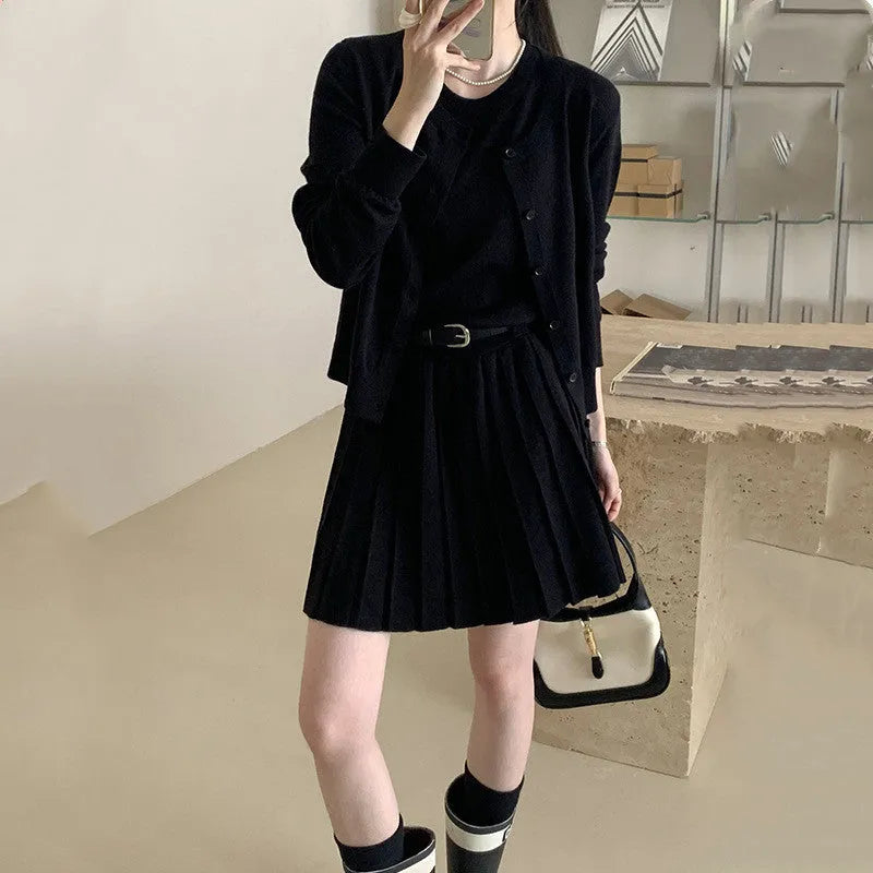 Women's grey knitted vest skirt and cardigan two-piece set with pleated art retro style