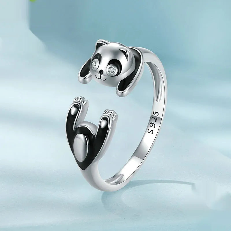 Adjustable panda open ring in sterling silver with white gold plating