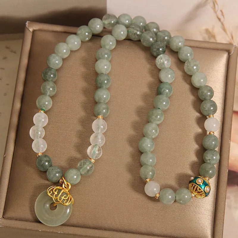 Women's double-layer aventurine jade bracelet with crystal rhinestones and safety buckle clasp