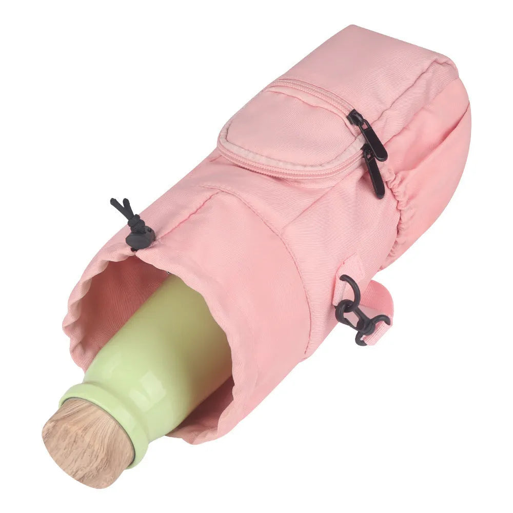 Cloth canvas water bottle pouch with a removable crossbody strap in black, green, and pink colour options.