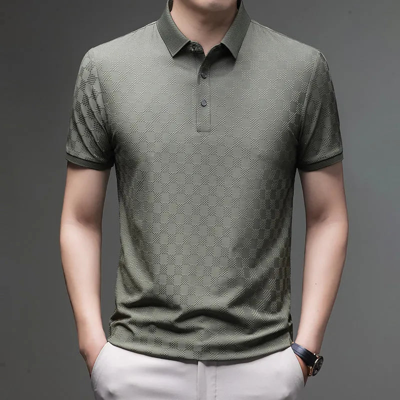 Rhombus pattern thin ice silk short sleeve T-shirt shown in black colour with a visible side slit design detail.