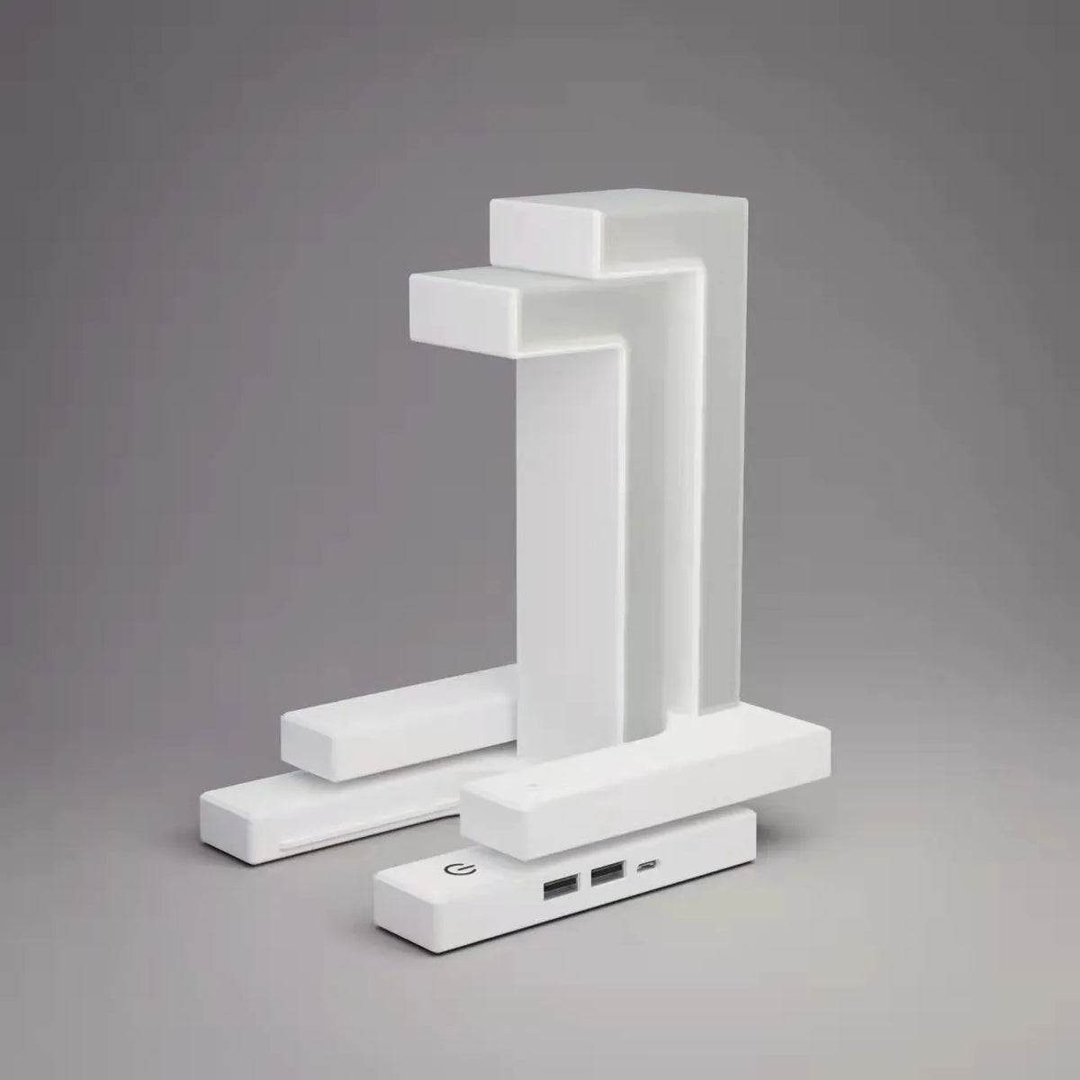 White magnetic suspension table lamp with wireless charging, touch switch, USB power, 12 x 12 x 22 cm, floating light design.