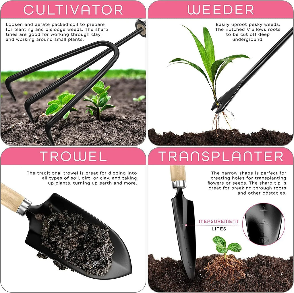 Stainless steel gardening tools set with eight implements including trowel, fork, cultivator and pruner