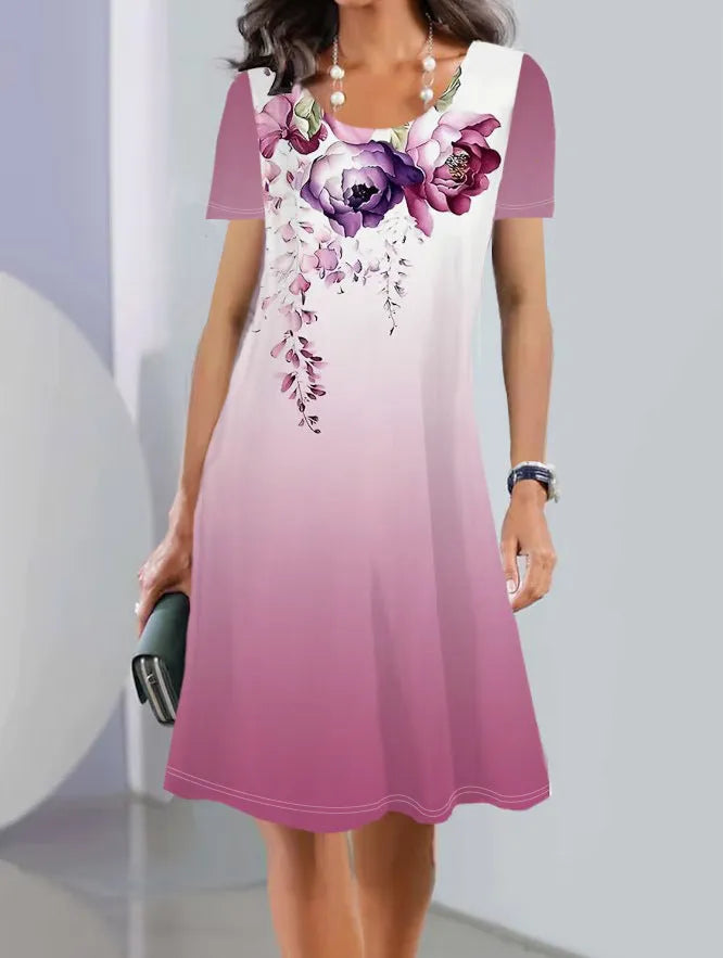 Ice silk floral print mid-length summer dress with round neck and short sleeves on mannequin