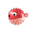 Fish-shaped TPR dog toy with treat dispenser in green, red, or yellow colours