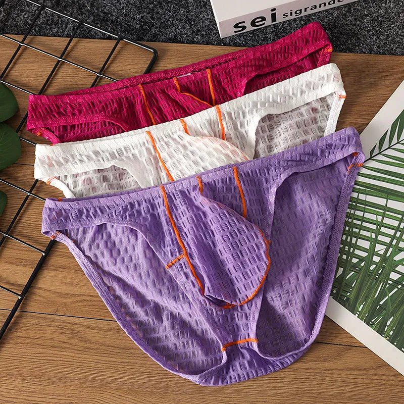 Men's low waist ice silk lace briefs in white, black, green, rose red, and light purple colours.
