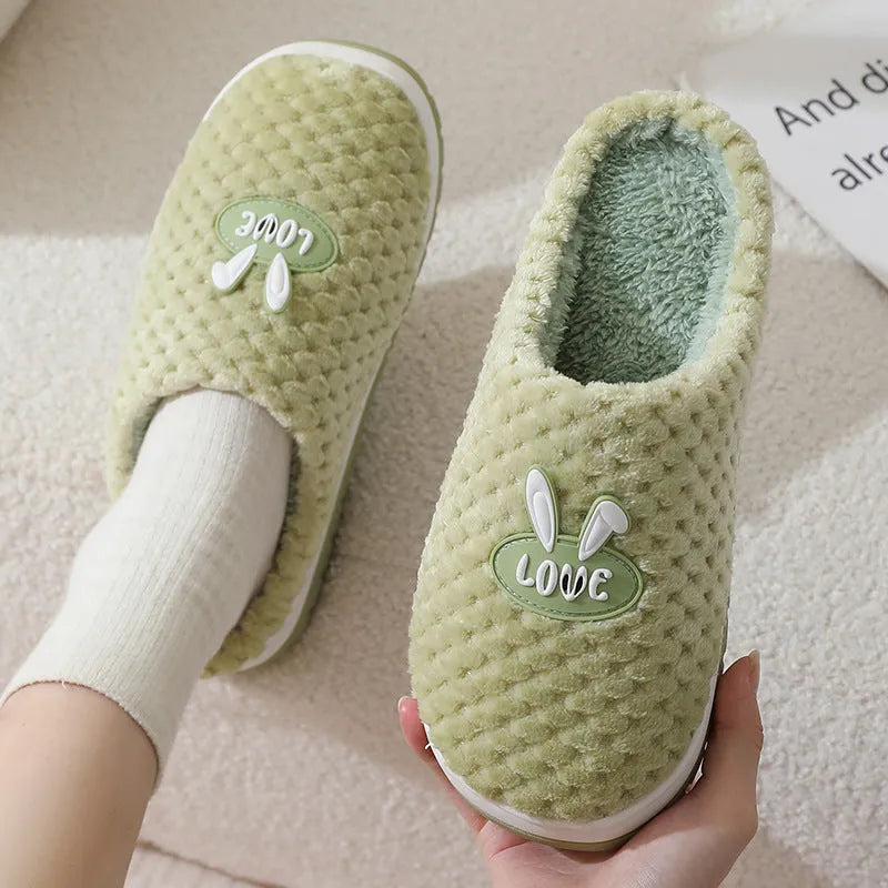 Women's rabbit plaid winter house slippers with thick sole and non-slip rubber base