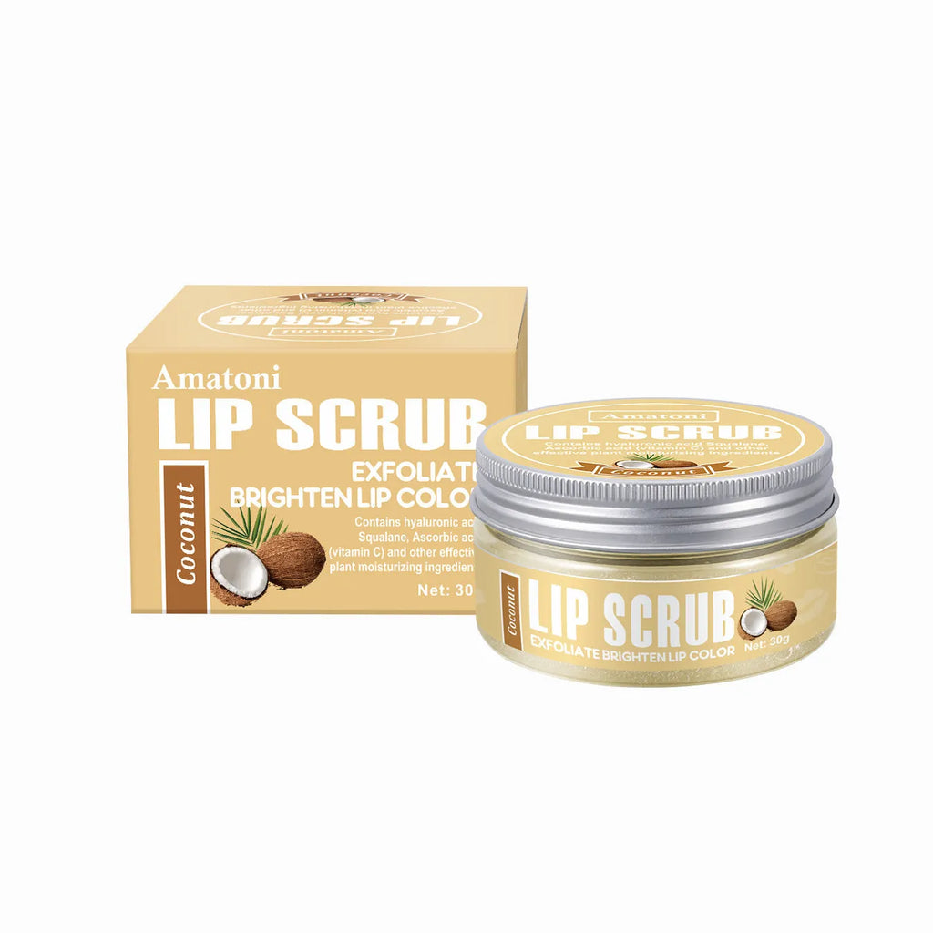 Amatoni 30g pot of fruit flavour lip scrub cream for exfoliating and moisturising lips.
