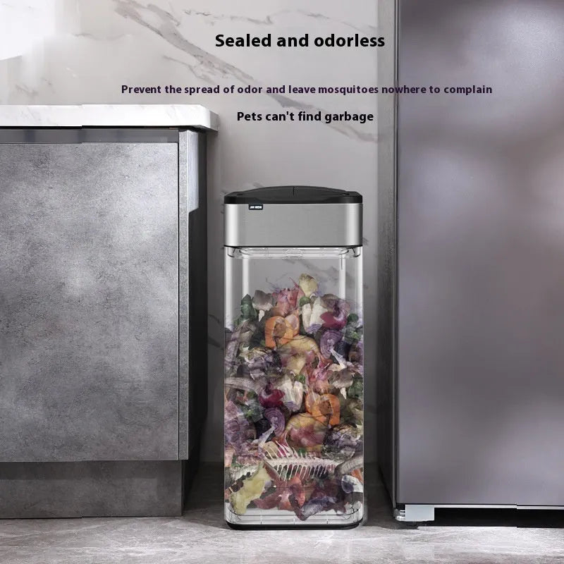 Stainless steel inductive smart trash can with square bucket design and sensor lid.