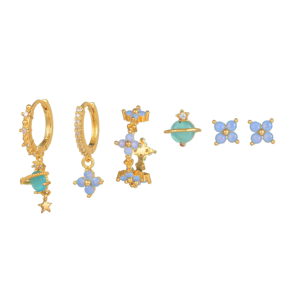 Gold and silver flower stud earrings with zircon mosaic, Japanese Korean sweet style.