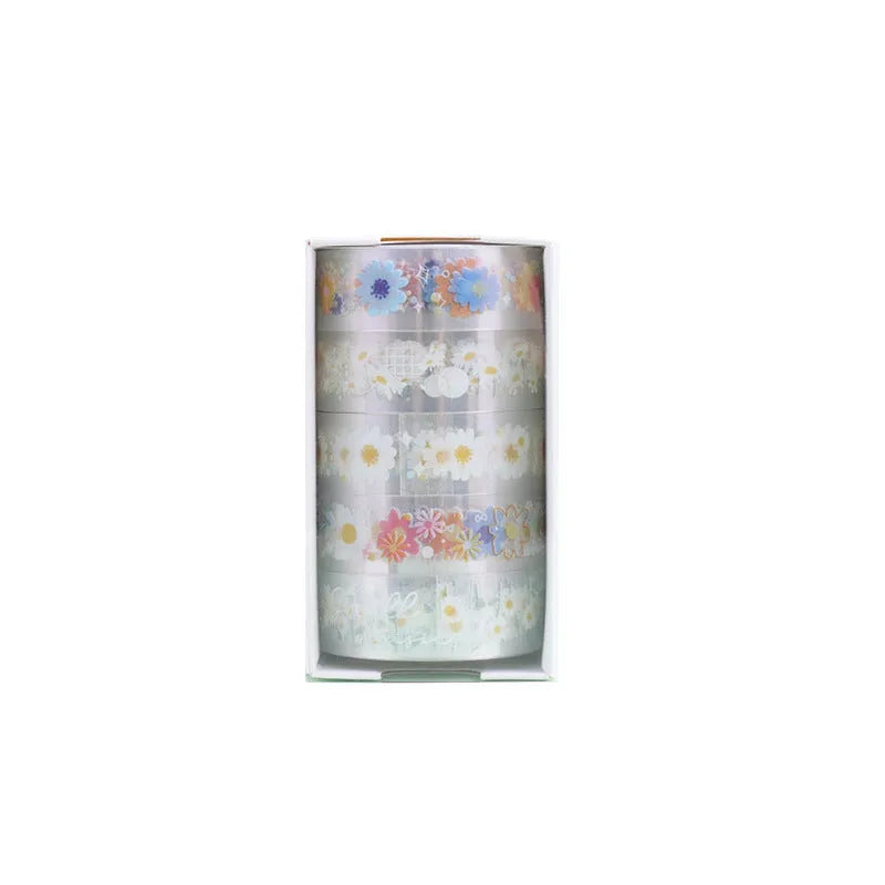 Five rolls of transparent decorative adhesive tape with Midsummer Daisy pattern for diary decoration