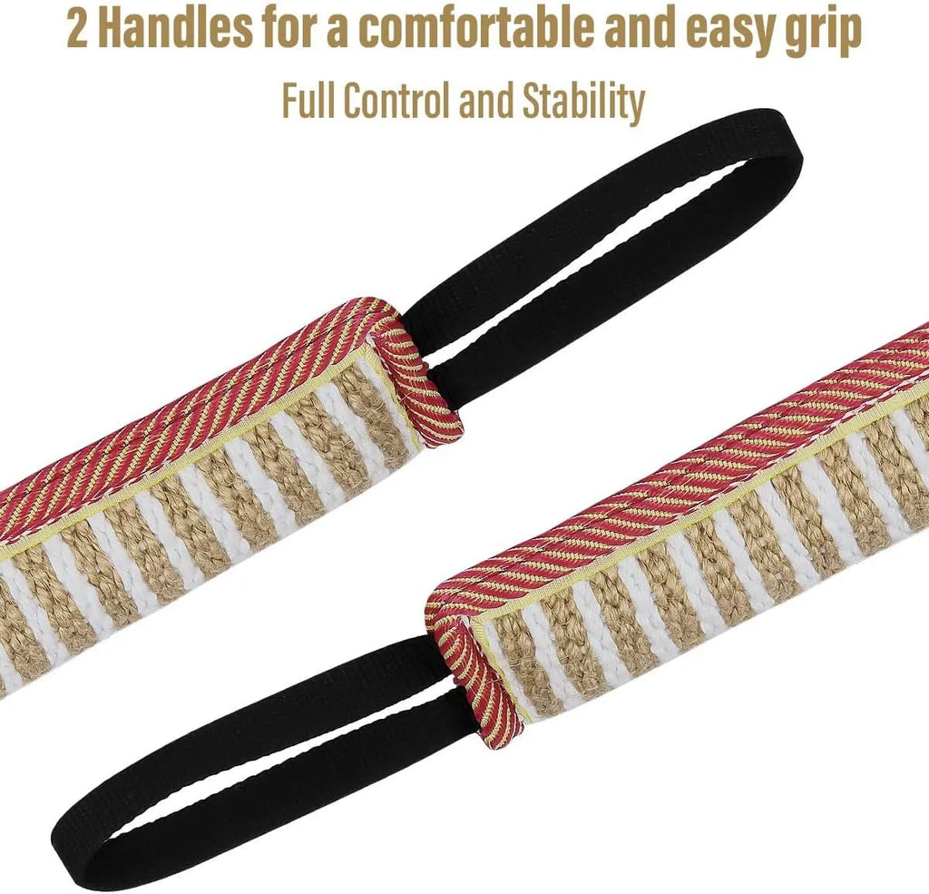 Beige jute dog tug toy with double stitching and two handles for small and medium dog training