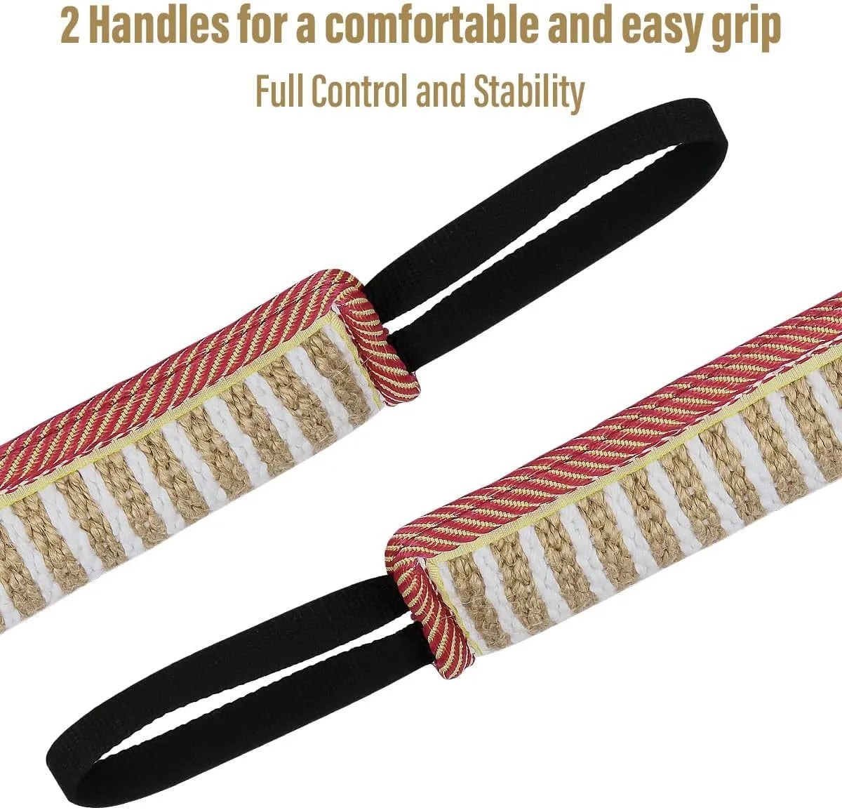 Beige jute dog tug toy with double stitching and two handles for small and medium dog training
