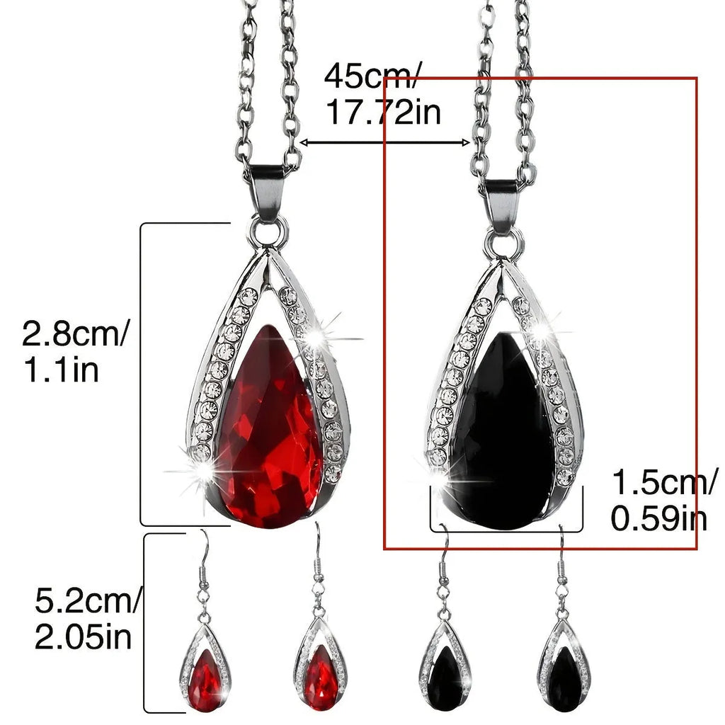 Black and red teardrop glass pendant necklace and matching earrings set with water droplet design