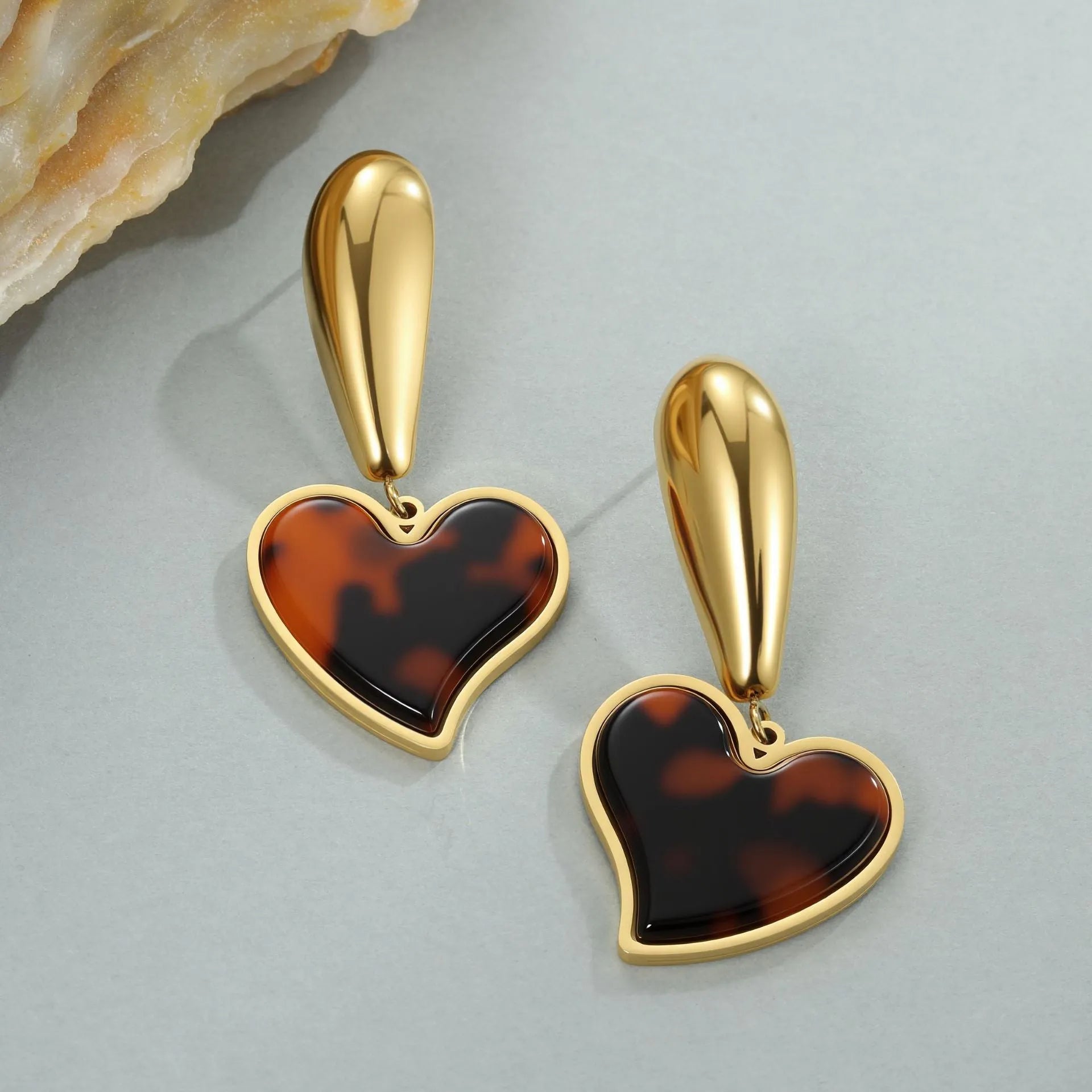 Pair of 18K gold plated stainless steel earrings featuring tortoiseshell resin in heart and flower geometric shapes for women