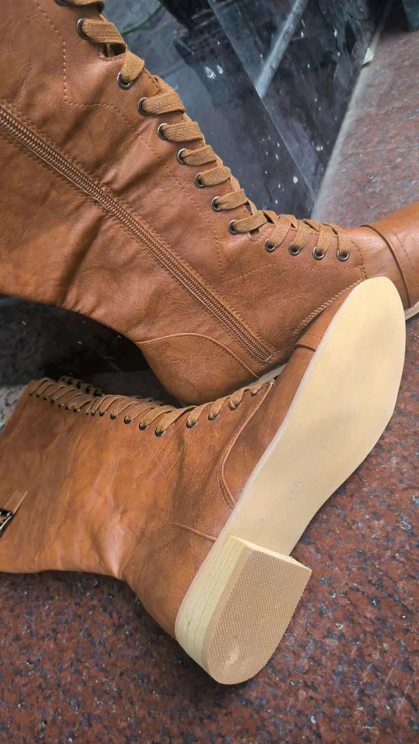 Women's cross strap knight boots in solid colour artificial PU, available in red black brown sizes 36-43