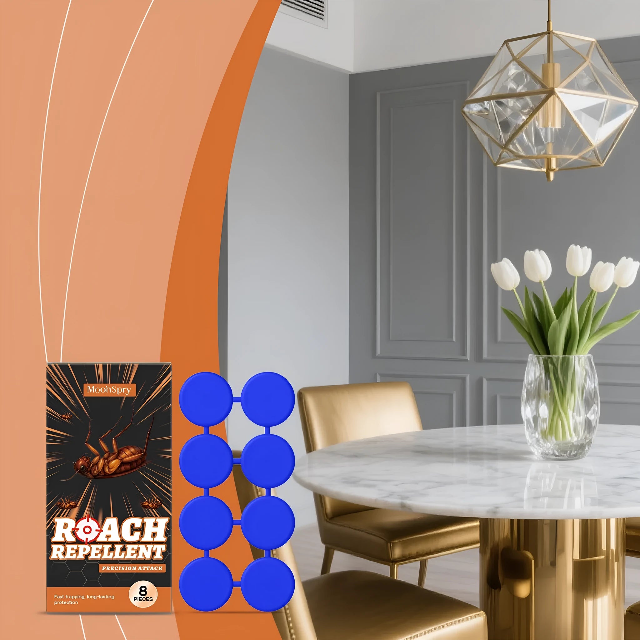Pack of eight cockroach bait formula stickers and glue pads for indoor kitchen pest control.