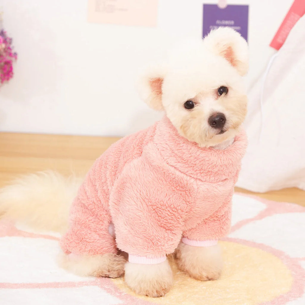 Double-sided thick plush dog clothes with high collar and towing ring in khaki colour
