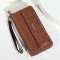 Men's black PU leather long wallet with multiple card slots showing dimensions