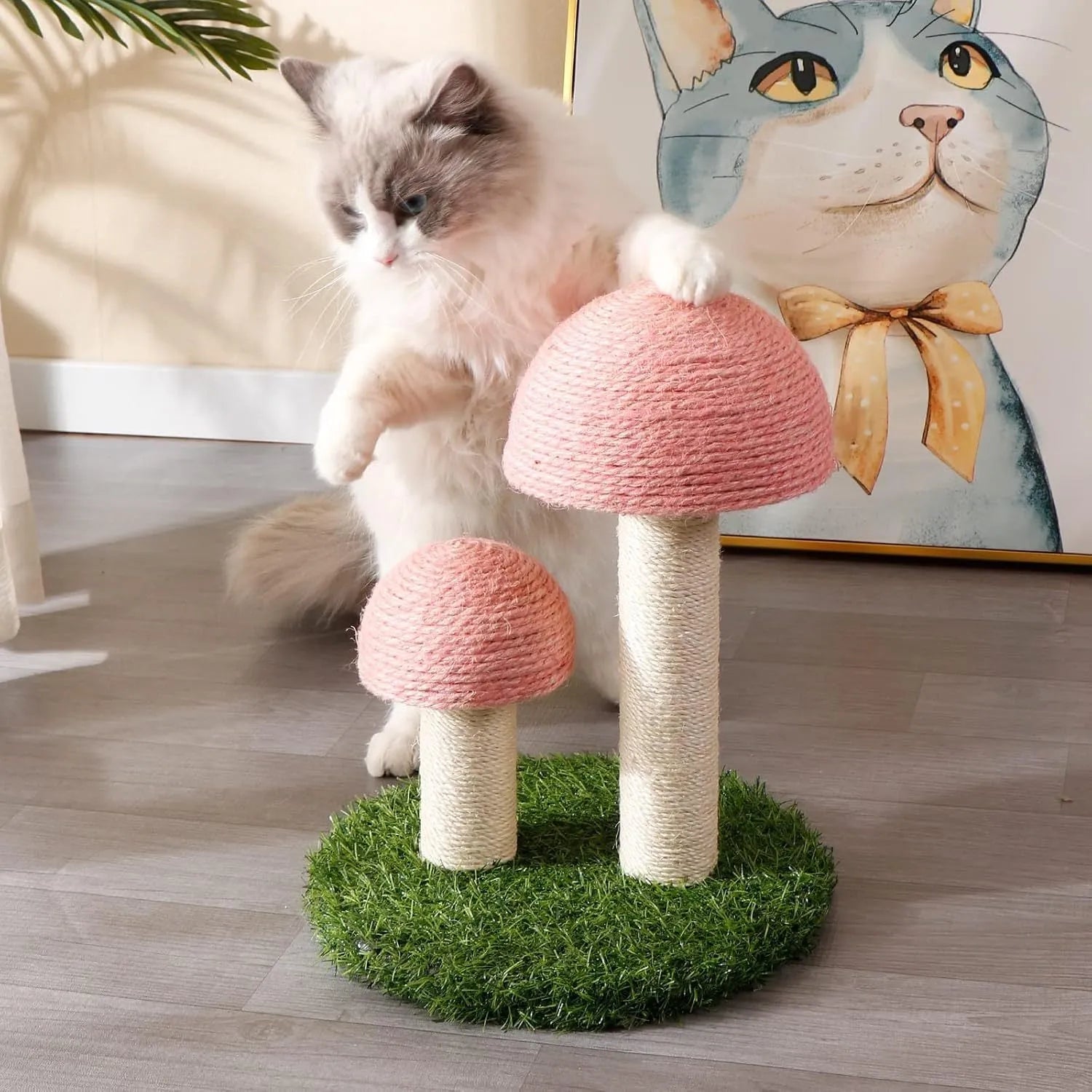 Pink mushroom cat scratching post with natural sisal pole for kittens