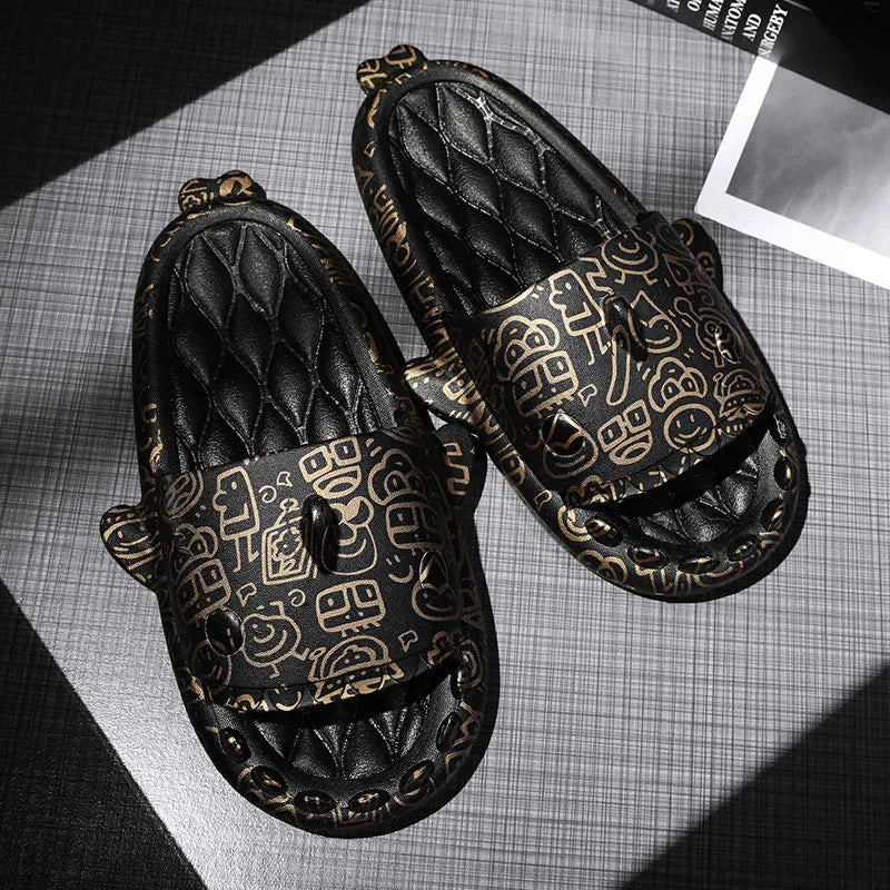 Shark design open-toe home slippers in EVA material on a white background.