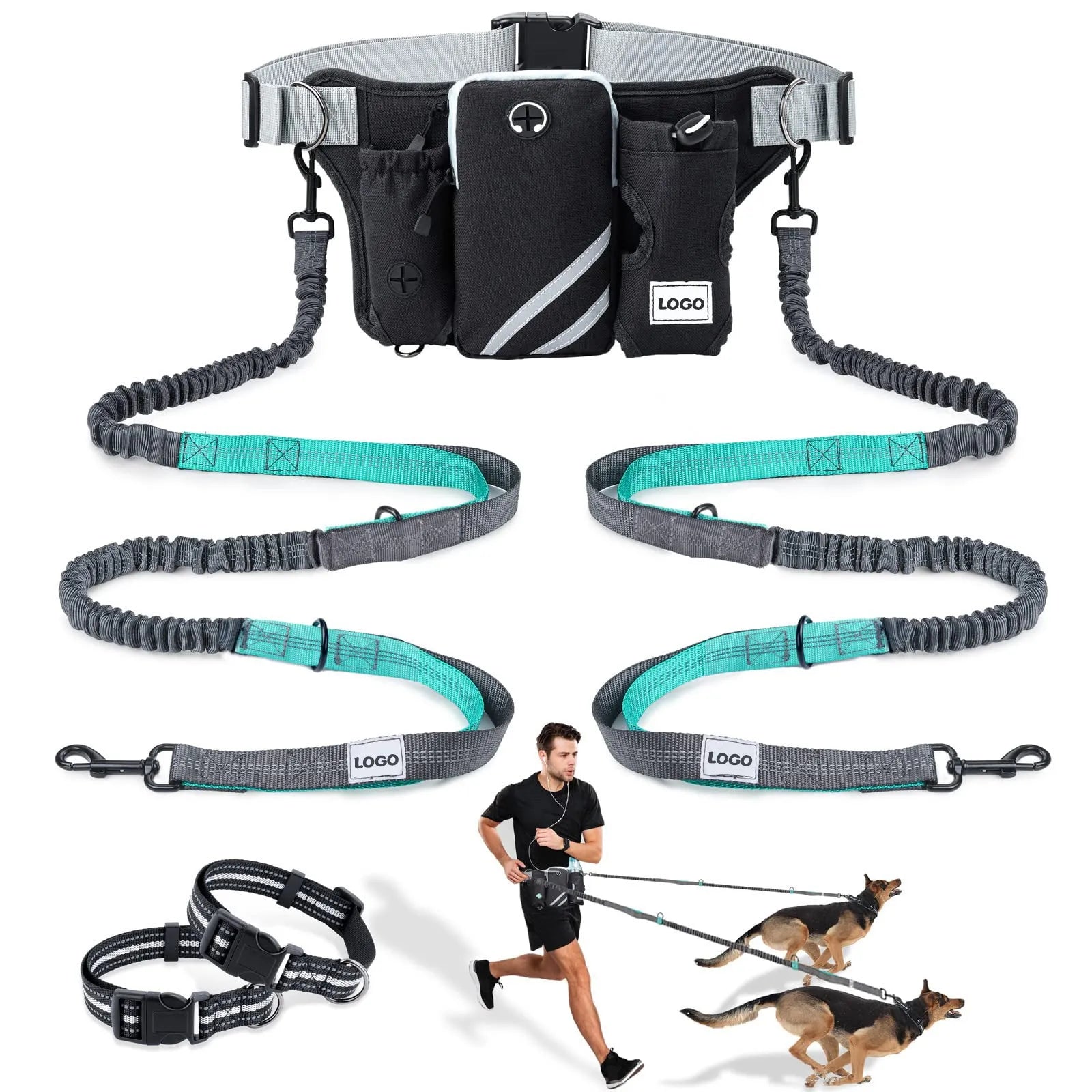 Black nylon dog walking waist bag and leash set for outdoor pet training activities