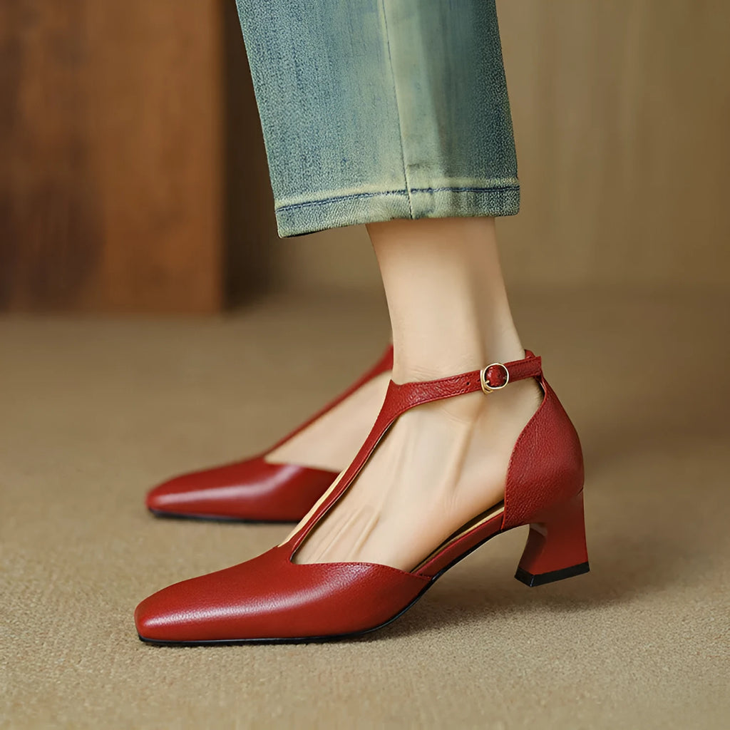 French retro square-toe chunky heel shoes in wine red sheepskin leather with buckle closure