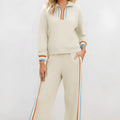 Apricot striped patchwork quarter zip pullover and loose pant set for women, sizes S to XL