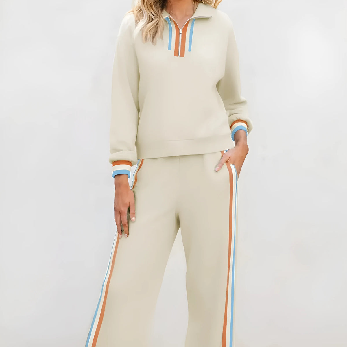 Apricot striped patchwork quarter zip pullover and loose pant set for women, sizes S to XL