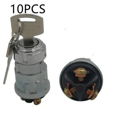 Copper ignition switch with key for trucks and forklifts, showing colour-coded key options