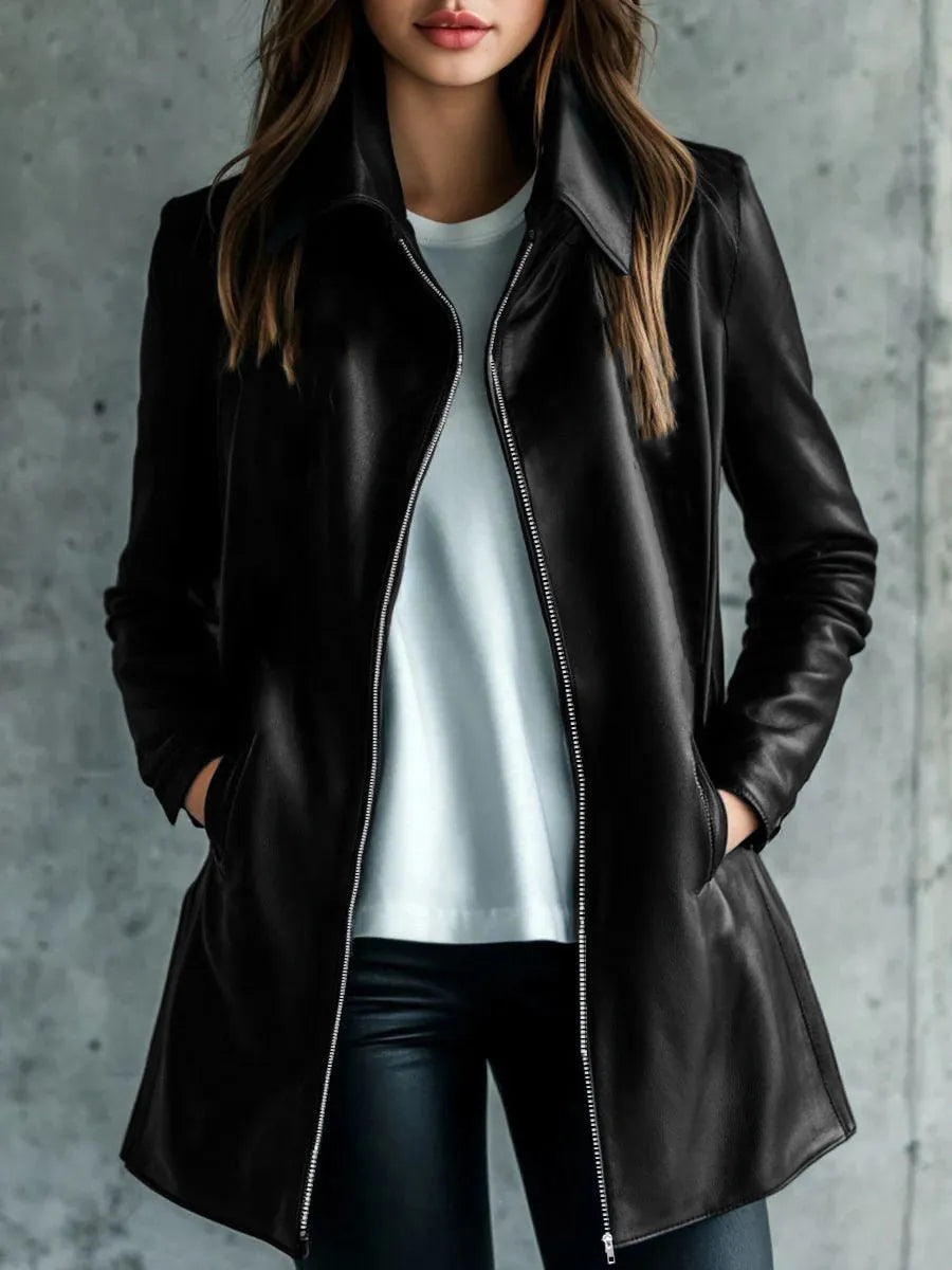 Black women's medium-length polyester jacket with long sleeves on a hanger.
