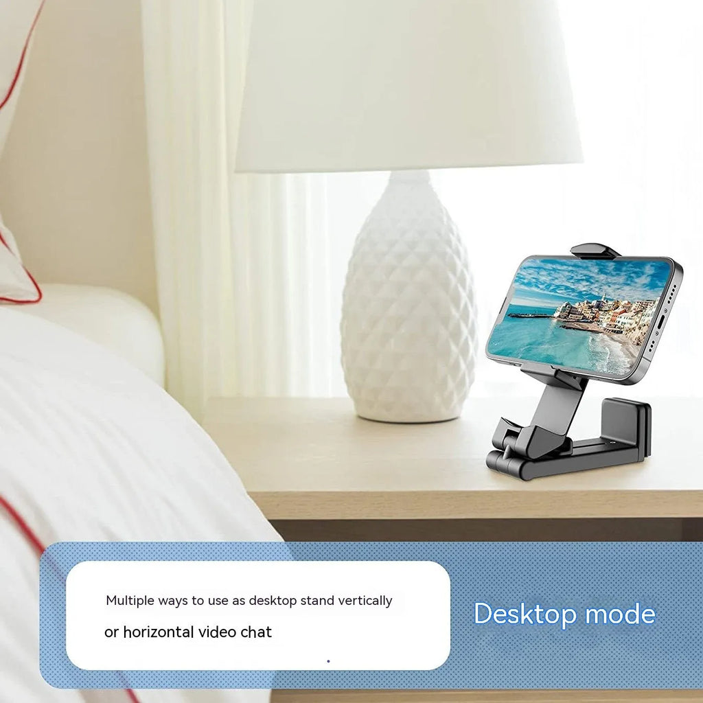 Black foldable rotating phone holder showing 360-degree adjustment for mobile devices