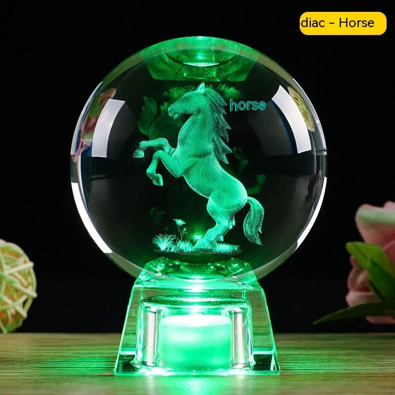 White crystal ball zodiac lamp with Chinese style design and electronic base showing zodiac symbol
