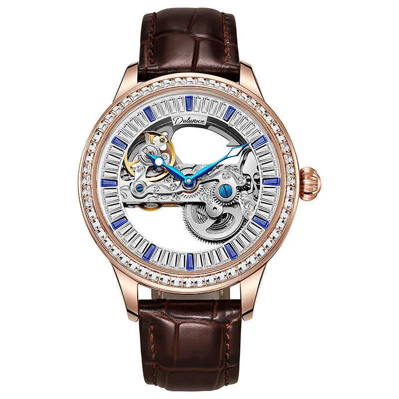 Men's waterproof mechanical watch with zircon detailing on wrist showing stainless steel butterfly buckle