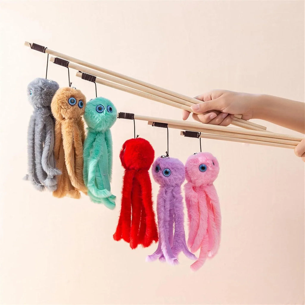 Furry octopus cat toy attached to long stick for interactive indoor play with kittens