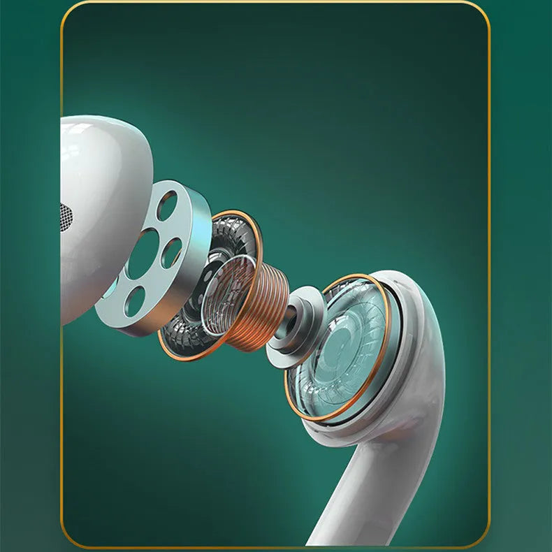 White Budz5 wireless Bluetooth earbuds with charging case on a grey background.