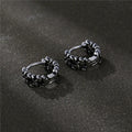 Silver geometric men's earrings made from copper, shown in 10mm and 14mm sizes as both single pieces and pairs.