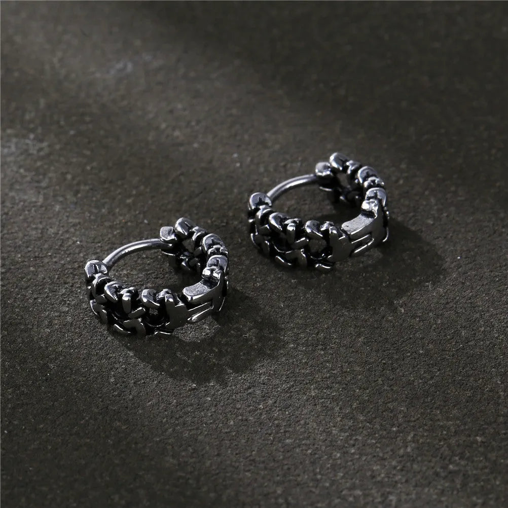 Silver geometric men's earrings made from copper, shown in 10mm and 14mm sizes as both single pieces and pairs.