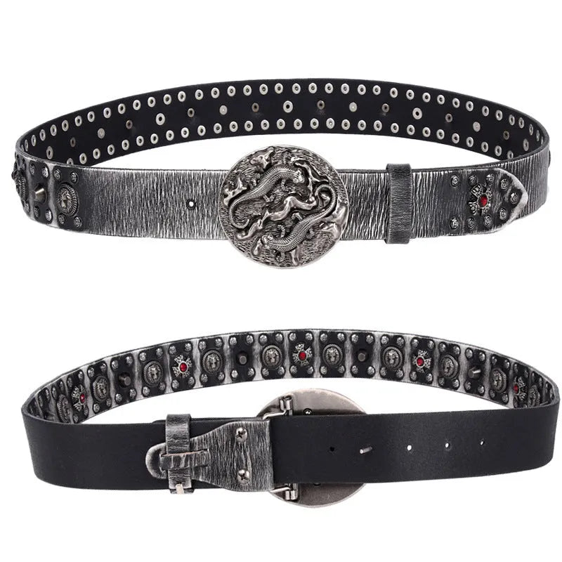Men's punk-style genuine leather belt with alloy buckle in retro black, showing rivet details and smooth buckle fastening.