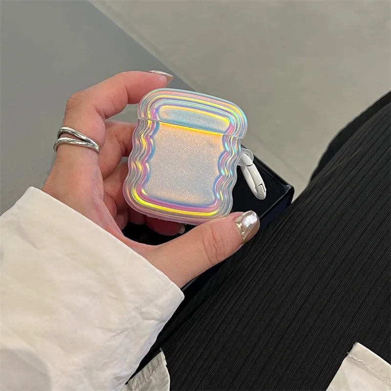 Silicone AirPod case with holographic laser design and metal ring for multiple AirPod models