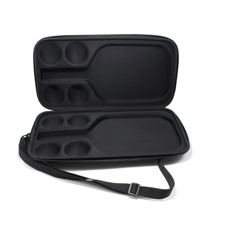 Black EVA pickleball shoulder bag holding one paddle and four balls with dual straps.