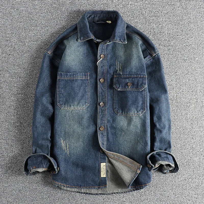 Men's light blue washed vintage denim shirt with loose cardigan fit and long sleeves