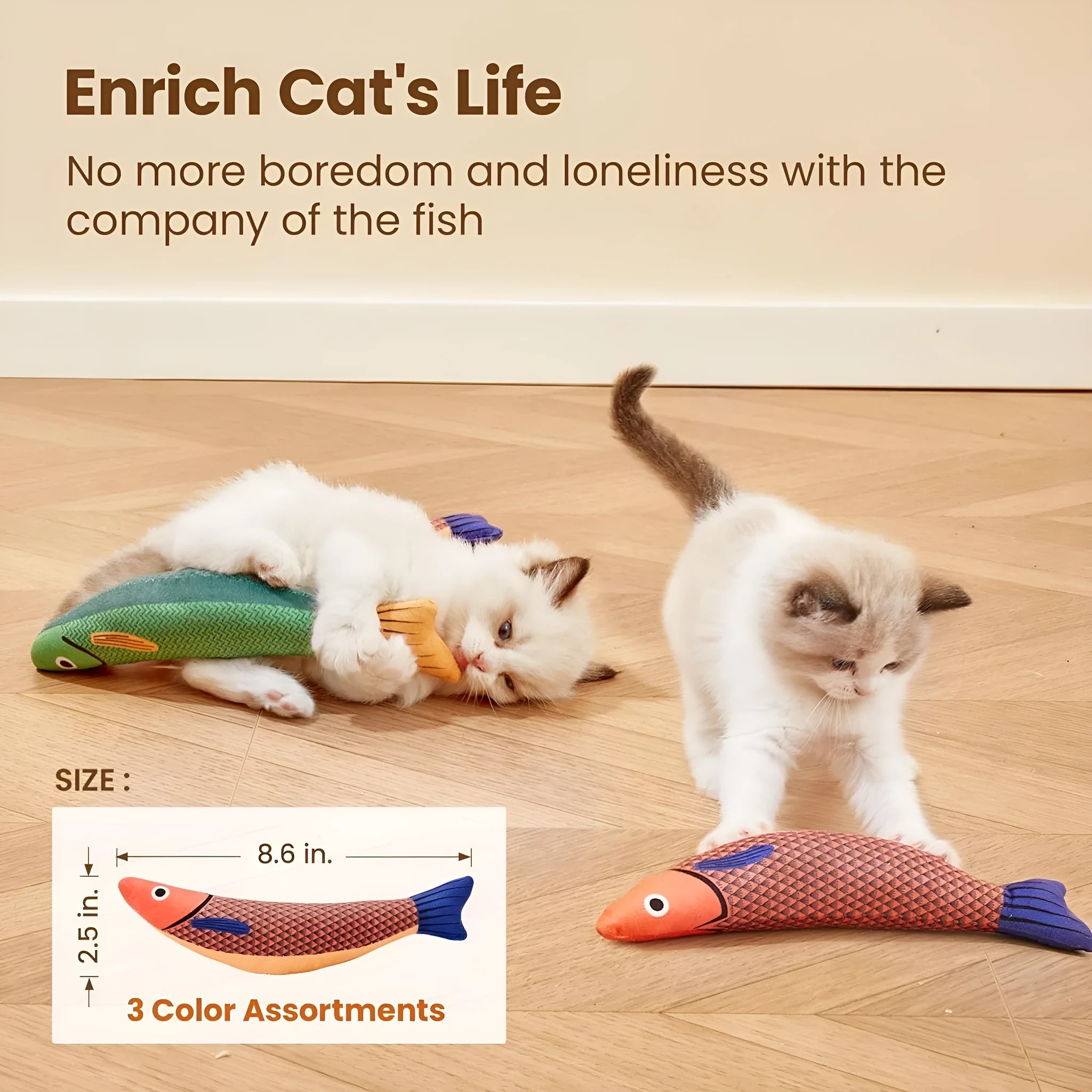 Soft plush fish cat toy with organic catnip and crinkle sound in green orange and yellow colours for kittens